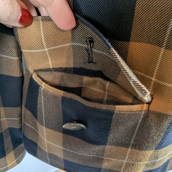 Atrium Collection Brown Navy Plaid Vintage Blazer High Neck Pockets Sz 11/12 - Picture 5 of 9